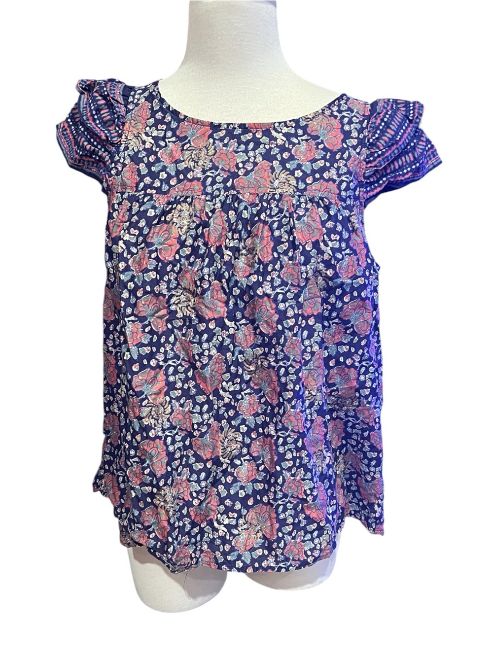 Madewell Fan Floral Mix Story Top in blue with ruffled flutter sleeves size 6